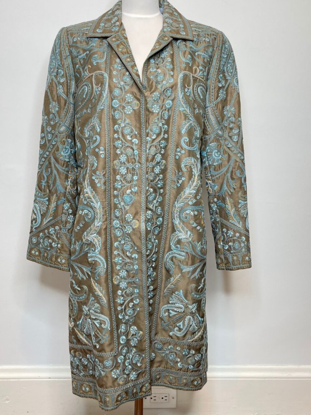 Johnny Was Silk Coat with Light Blue/Teal Embroidery